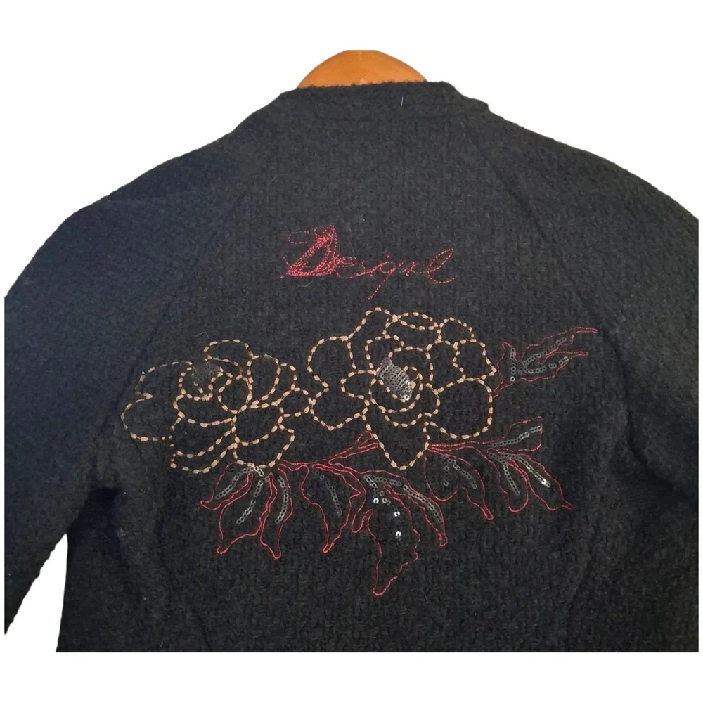 Desigual Black Boucle Wool Blend Floral Pleated Skirt Coat Jacket Womens 36